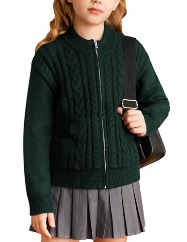 GRACE KARIN Mädchen Hersbt Winter Langarm Strickjacke Lässig Rundhals Strick Pullover mit Reißverschluss Knitted Cardigan Dunkelgrün 8 Jahre von GRACE KARIN