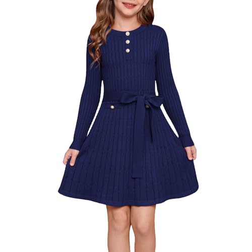 GRACE KARIN Mädchen Hersbtkleid mit Gürtel A-Linie Strickkleid Langarm Rundhals Pullikleid Marineblau 8 Jahre von GRACE KARIN