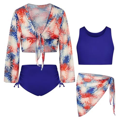 GRACE KARIN Mädchen Independence Day Badeanzug Langarm Rushguard Cute Tween Badeanzüge Tankini Set 12-14 von GRACE KARIN
