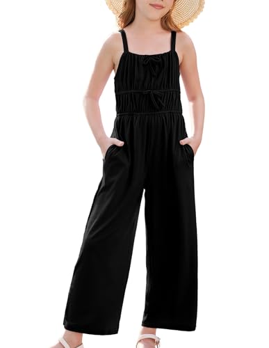GRACE KARIN Mädchen Jumpsuit Elastische Taille Spaghetti-Träger Quadratischer Ausschnitt Einteiler Schwarz 6-7 Jahre von GRACE KARIN