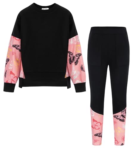 GRACE KARIN Mädchen Jungen Kinder Herbst Winter Outfits Kinder Mode Sweatshirt Sweatpants Langarm 2-teilig Tracksuit Hose Sets Schwarz Pink Schmetterling 5-6 Jahre von GRACE KARIN