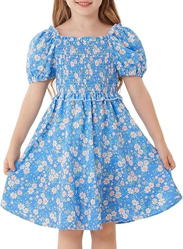 GRACE KARIN Mädchen Kinder Freizeitkleid Kurzarm Quadratischer Ausschnitt Puffärmel A-Linie Blumenkleid Sommerkleid Festliches Kleid Prinzessin Blaue kleine weiße Blumen 10 Jahre von GRACE KARIN