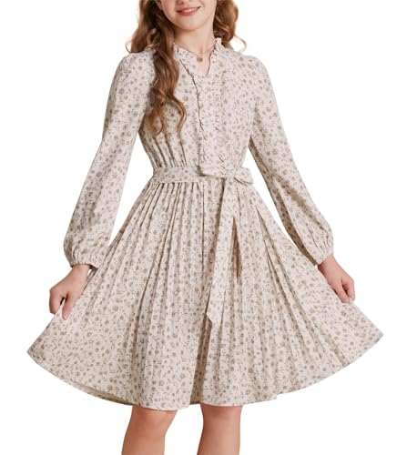 GRACE KARIN Mädchen Klassisches Langarmkleid mit Blumenprint Elastische Taille Plisseerock Aprikose 12 Jahre von GRACE KARIN