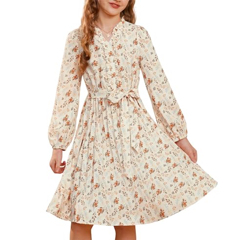 GRACE KARIN Mädchen Klassisches Langarmkleid mit Blumenprint Elastische Taille Plisseerock Aprikose unten Orangefarbene 12 Jahre von GRACE KARIN