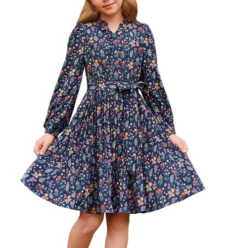 GRACE KARIN Mädchen Klassisches Langarmkleid mit Blumenprint Elastische Taille Plisseerock Marineblau 12 Jahre von GRACE KARIN