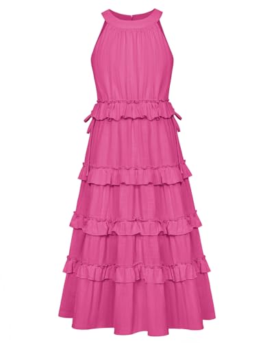 GRACE KARIN Mädchen Kleid 116 Kinder Sommer Rose Rot Festlich Prinzessin Einschulung Kleider 122 Kommunionkleid Baumwolle Rundhals von GRACE KARIN