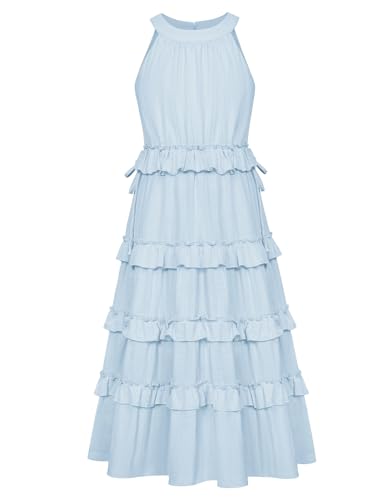 GRACE KARIN Mädchen Kleid 116 Kinder Blau Sommer Festlich Prinzessin Einschulung Kleider 122 Kommunionkleid Baumwolle Rundhals von GRACE KARIN