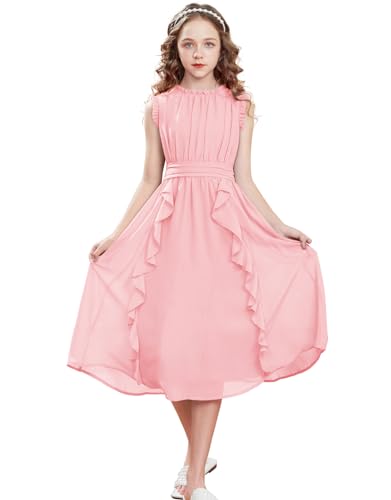 GRACE KARIN Mädchen Kleid 116 Kinder Sommerkleid Chiffon 122 Festliches Casual Einschulung Hochzeit Kleider Rosa von GRACE KARIN