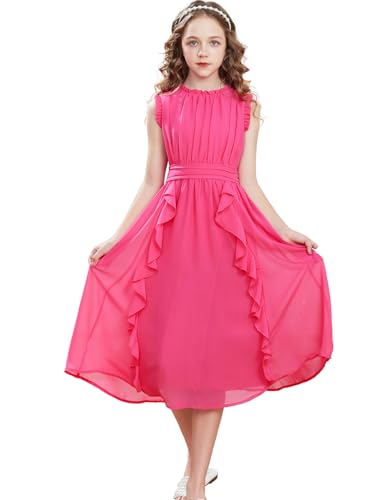 GRACE KARIN Mädchen Kleid 116 Kinder Sommerkleid Chiffon 122 Festliches Casual Einschulung Kleider Hochzeit Rosarot von GRACE KARIN