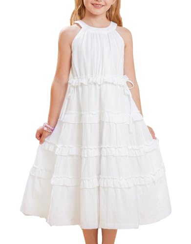 GRACE KARIN Mädchen Kleid 116 Kinder Weiß Sommer Festlich Prinzessin Einschulung Kleider 122 Kommunionkleid Baumwolle Rundhals von GRACE KARIN