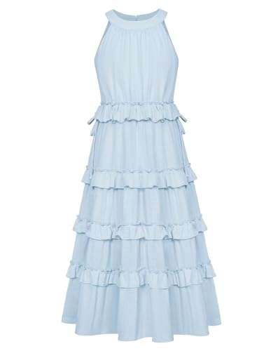 GRACE KARIN Mädchen Kleid 152 Kinder Blau Sommer Festlich Prinzessin Einschulung Kleider 158 Kommunionkleid Baumwolle Rundhals von GRACE KARIN