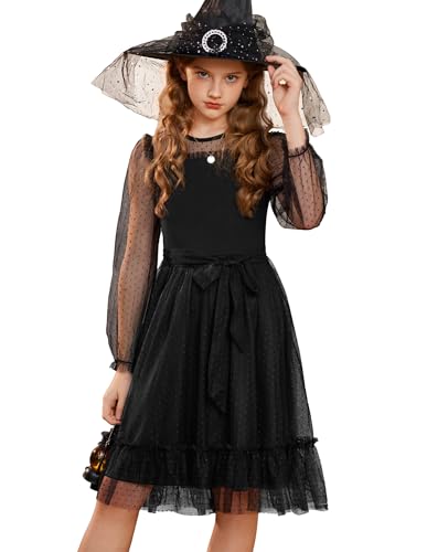 GRACE KARIN Mädchen Kleid Langarm Rundhals A-Linie Mehrlagig Festkleid für Kinder Schwarz 10-11 Jahre von GRACE KARIN