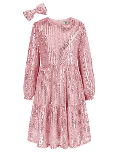 GRACE KARIN Mädchen Kleid Partykleid Geburtstag Langarm Pailletten Kleid Festlich Ballkleid Prinzessin Kleid mit Haarschleife Rosa 12 Jahre CL0682A21-05 von GRACE KARIN