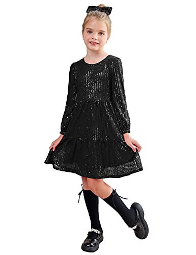 GRACE KARIN Mädchen Kleid Partykleid Geburtstag Langarm Pailletten Kleid Festlich Ballkleid Prinzessin Kleid mit Haarschleife Schwarz 12 Jahre CL0682A21-04 von GRACE KARIN