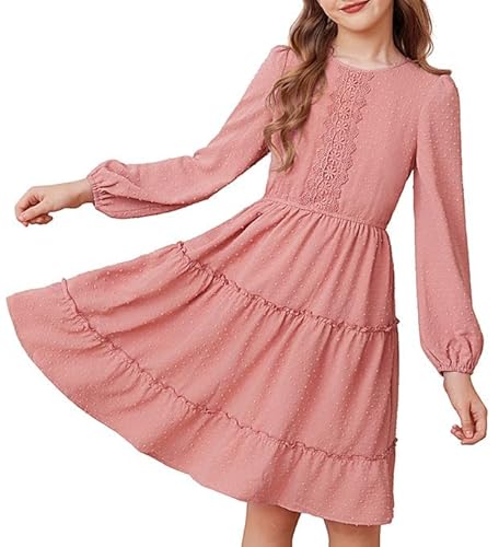 GRACE KARIN Mädchen Kleid Rundhals Langarm A-Linie Schweizer Punkt Festkleid Hochzeit Geburtstagskleid Rosa 7 Jahre von GRACE KARIN