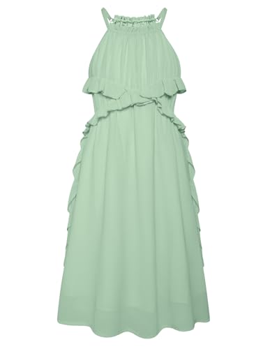 GRACE KARIN Mädchen Kleid mit Lotusblatt Dekoration A-Linie Legeres Neckholder Kleid für Feiertagsparty Hellgrau Grün 10 Jahre von GRACE KARIN