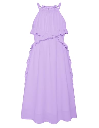 GRACE KARIN Mädchen Kleid mit Lotusblatt Dekoration A-Linie Legeres Neckholder Kleid für Feiertagsparty Violett 10 Jahre von GRACE KARIN