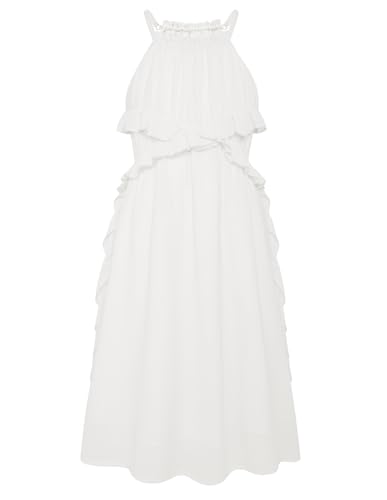 GRACE KARIN Mädchen Kleid mit Lotusblatt Dekoration A-Linie Legeres Neckholder Kleid für Feiertagsparty Weiß 10 Jahre von GRACE KARIN