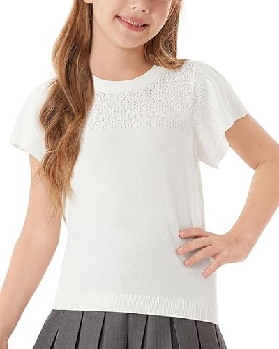 GRACE KARIN Mädchen Knit Sweater Short Sleeve T-Shirt Rundhalsausschnitt Hollowed-Out Pattern Breathable Soft Comfortable Spring Summer Weiß 10 Jahre von GRACE KARIN