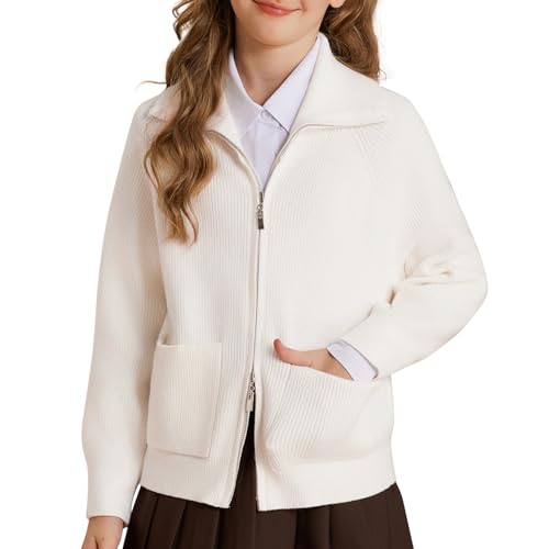 GRACE KARIN Mädchen Knitted Langarm Cardigan mit Reißverschluss Reverskragen Strickjacke Weiß 10 Jahre von GRACE KARIN