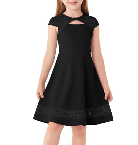 GRACE KARIN Mädchen Kurzarm Elegante Partykleider Rundhals Patchwork-Spitzenkleid Schwarz 7 Jahre von GRACE KARIN