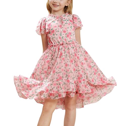 GRACE KARIN Mädchen Lässig Kurzarm A-Linie Kleid Sommer Stehkragen Blumenkleid Buntes Kleid für Mädchen Rosa Blumen 7 Jahre von GRACE KARIN