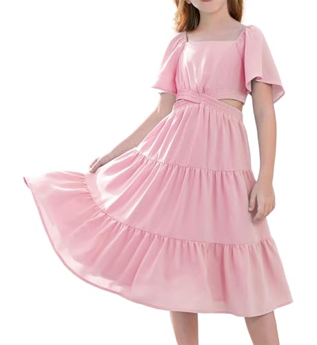 GRACE KARIN Mädchen Lässig Rüschenärmel A-Linien Kleid Taille Cut-Out Midi Kleid Rosa 10 Jahre von GRACE KARIN