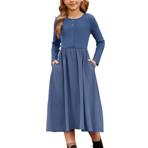 GRACE KARIN Mädchen Lässig Rundhals Kleid Langarm Knopfleiste Freizeitkleid mit Taschen Denim Blau 10 Jahre von GRACE KARIN