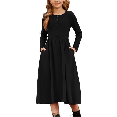 GRACE KARIN Mädchen Lässig Rundhals Kleid Langarm Knopfleiste Freizeitkleid mit Taschen Schwarz 10 Jahre von GRACE KARIN