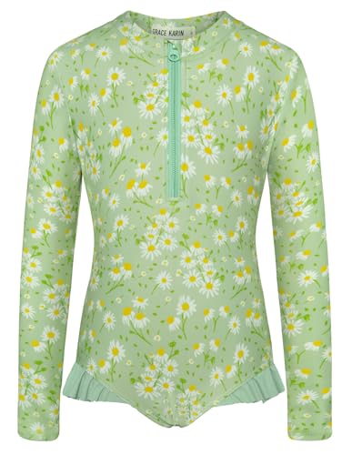 GRACE KARIN Mädchen Langarm Badeanzüge Einteiliger Schwimmtraining Kostüm Rundhals Badeanzug Grün 6-7 Jahre von GRACE KARIN