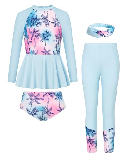 GRACE KARIN Mädchen Langarm Badeanzüge Kinder Schwimmanzug Badehose Hellblau Kokosnussbaum 6 Jahre von GRACE KARIN