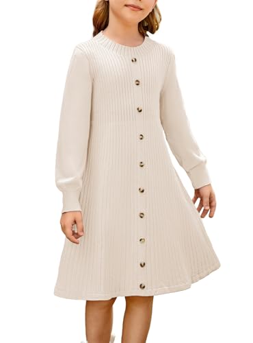 Mädchen Langarm Herbst Pullover Kleid Kinder Gerippt Gestrickt Formale Casual Geburtstag Party Kleid Beige 7-8 Jahre von GRACE KARIN