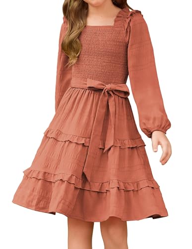 GRACE KARIN Mädchen Langarm Kleid A Linien Elastische Taille Rüschen Partykleid Freizeitkleid Braun 6 Jahre von GRACE KARIN