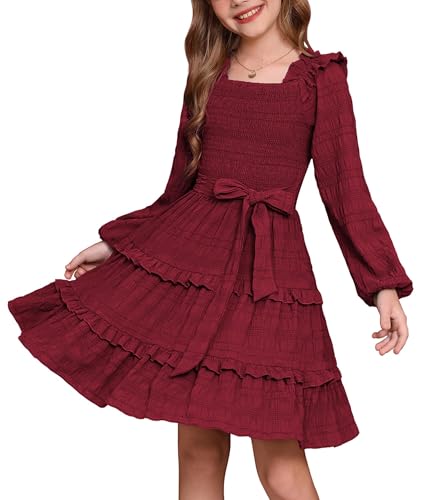 GRACE KARIN Mädchen Langarm Kleid Festliches Prinzessin A-Linie Kleider Rüschen Midikleid Hochzeit Weinrot 14 Jahre von GRACE KARIN