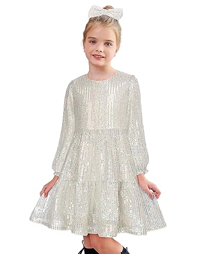 GRACE KARIN Mädchen Langarm Kleid Partykleid Geburtstag Pailletten Kleid Festlich Ballkleid Prinzessin Kleid mit Haarschleife Weiß-Silber 7 Jahre CL0682A21-14 von GRACE KARIN