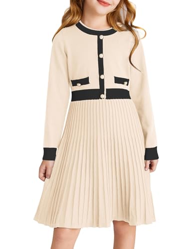 Einschulung Kleider Mädchen Langarm Strickkleid Winter Festliche Herbstkleid Midi A-Linie Langarmkleid Aprikose 6-7 Jahre von GRACE KARIN