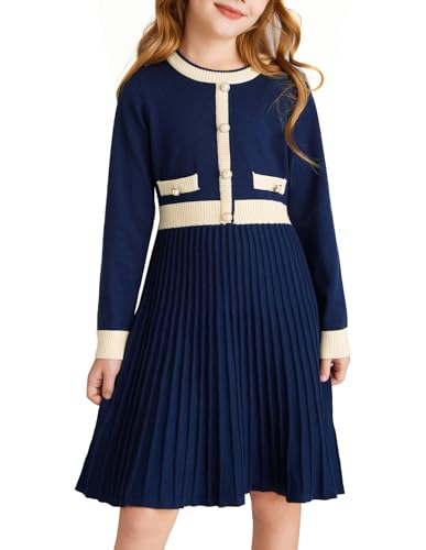 GRACE KARIN Mädchen Langarm Strickkleid Prinzessin Elegant Rundhals Festlich Kleid für Hochzeit Pulloverkleid Schwarz 10-12 Jahre von GRACE KARIN