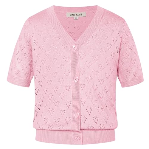 GRACE KARIN Mädchen Leicht Sommer Kurzarm Strickjacke Kinder Einfarbig Oberteil mit Knopf Lässig Strick Tops Hellrosa 8 Jahre von GRACE KARIN