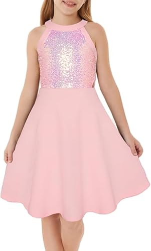 GRACE KARIN Mädchen Mädchen Pailletten Cocktailkleid Ärmellos Cut-Out Design Rundhals A-Linie Partykleid Knielang Festliches Kleid Rosa14 Jahre von GRACE KARIN