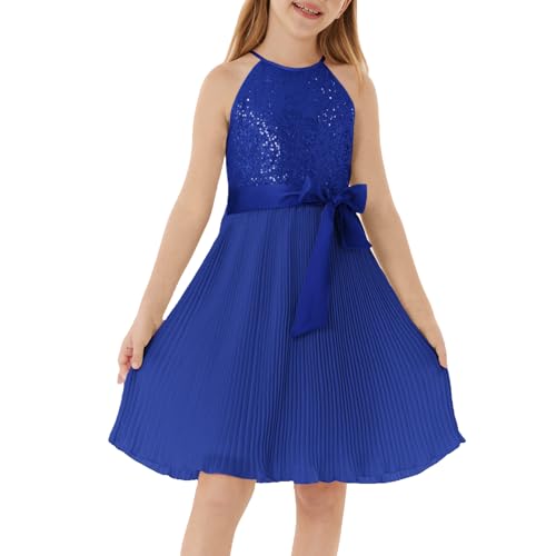 GRACE KARIN Mädchen Pailletten A-Linie Kleid Sommer Ärmellos Party Kleid Königsblau 7 Jahre von GRACE KARIN