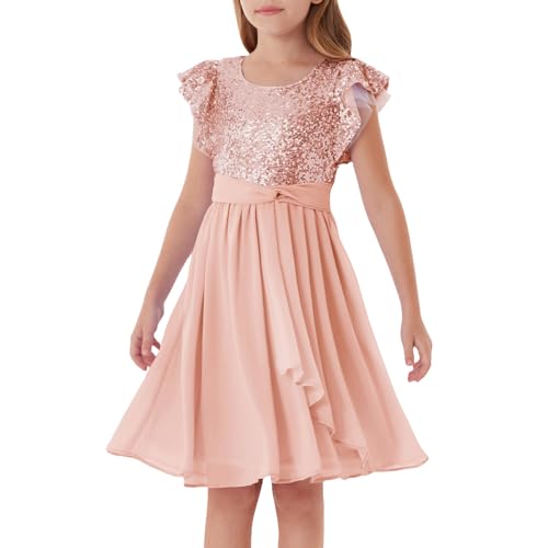 GRACE KARIN Mädchen Pailletten A-Linie Kleid Sommer Elegant Rundhals Kurzarm Party Kleid Roségold 7 Jahre von GRACE KARIN