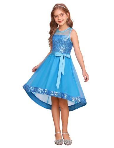 GRACE KARIN Mädchen Festkleid Pailletten Kinder Ärmellos Rundhals A-Linie Glitzer Party Kleid Blau 12-13 Jahre von GRACE KARIN