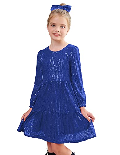 GRACE KARIN Mädchen Pailletten Kleid Langarm Kleid Partykleid Geburtstag Festlich Ballkleid Prinzessin Kleid mit Haarschleife Blau 8 Jahre CL0682A21-11 von GRACE KARIN