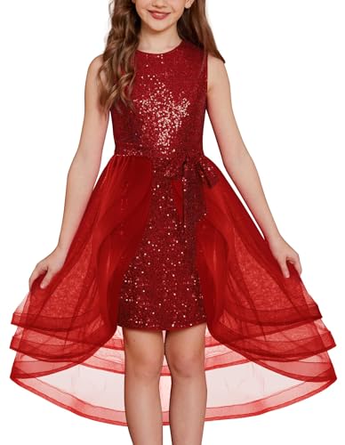 GRACE KARIN Mädchen Pailletten Kleid Rundhals Ärmellos Partykleid Elegant Prinzessin Kleid für Hochzeit Geburtstag Rot 7 Jahre von GRACE KARIN