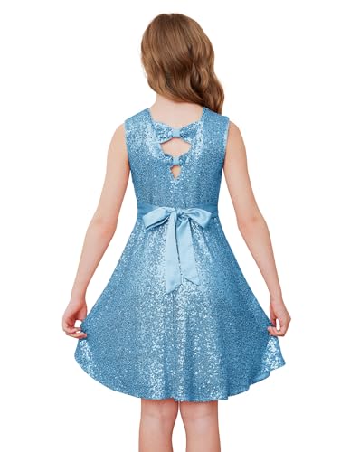 GRACE KARIN Mädchen Pailletten Pinrzessin Kleid A-Linie Rundhals Partykleid Hellblau 7 Jahre von GRACE KARIN