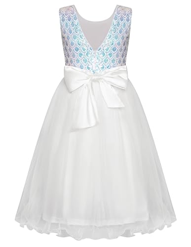 GRACE KARIN Mädchen Pailletten Prinzessin Kleid Party Hochzeit Blumenmädchen Tüllkleid Geburtstag Abendkleid Kinder Elegant Glitzerndes Kleid Weiß 6-7 Jahre von GRACE KARIN