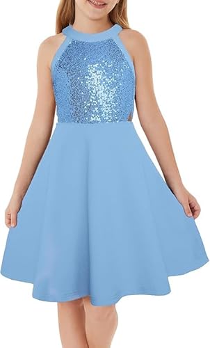 GRACE KARIN Mädchen Paillettenkleid Formales Kleid Schulterausschnitt Rundhalsausschnitt A-Linie Partykleid Ärmellos Knielang Hellblau 12 Jahre von GRACE KARIN