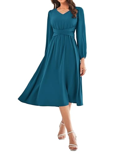 GRACE KARIN Mädchen Party Hochzeit Blumenmädchenkleid Retro High Waist Maxi Kleid Langarm Brautjungfernkleider Pfauenblau M von GRACE KARIN