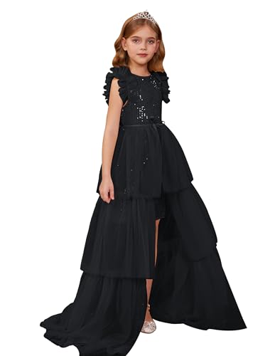 GRACE KARIN Mädchen Prinzessin Glitzer Kleider Festzug Flatterärmel Taufkleider Blumenmädchen Kleid für 6-7 Jahre Schwarz von GRACE KARIN