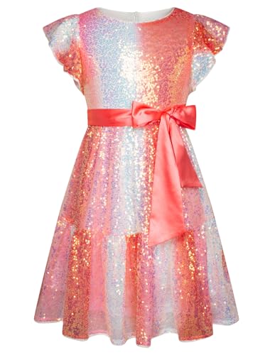 GRACE KARIN Mädchen Prinzessin Kleid Knielang Kurzarm A-Linie Rundhals Pailletten Partykleid Glitzer Abendkleid Rosa Streifen 12 Jahre von GRACE KARIN
